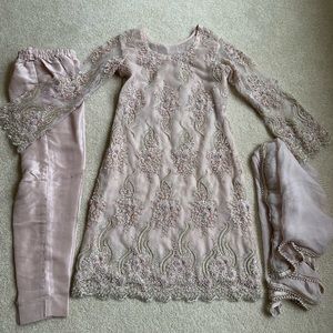 Pakistani pastel pink sequin net shalwar kameez satin trouser Eid wedding shaadi